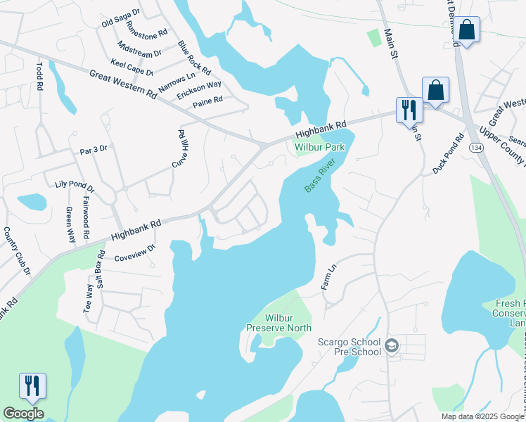 map of restaurants, bars, coffee shops, grocery stores, and more near 27 Grandview Drive in Yarmouth