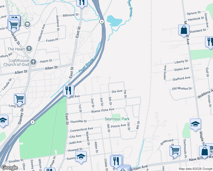 map of restaurants, bars, coffee shops, grocery stores, and more near 103 5th Street in Newington