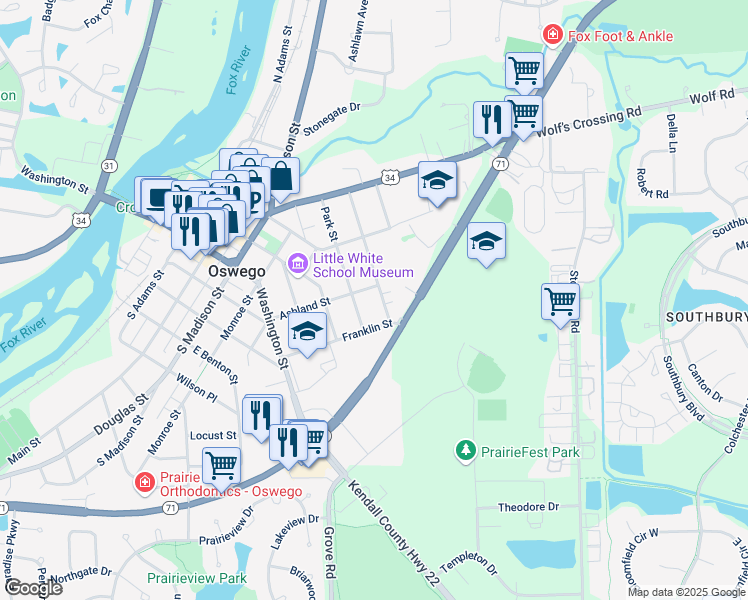 map of restaurants, bars, coffee shops, grocery stores, and more near 111 Garfield Street in Oswego