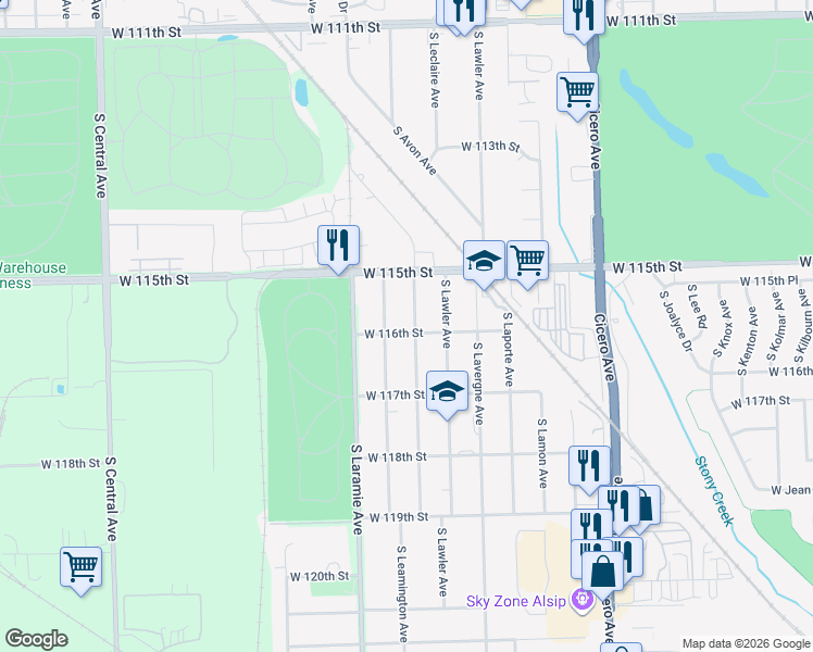 map of restaurants, bars, coffee shops, grocery stores, and more near 11550 S Leclaire Ave in Alsip