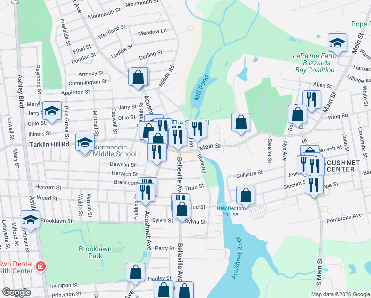 map of restaurants, bars, coffee shops, grocery stores, and more near 29 Tarkiln Hill Road in New Bedford