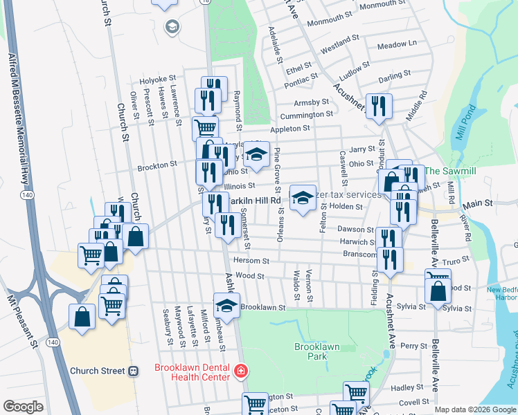 map of restaurants, bars, coffee shops, grocery stores, and more near 362 Tarkiln Hill Road in New Bedford