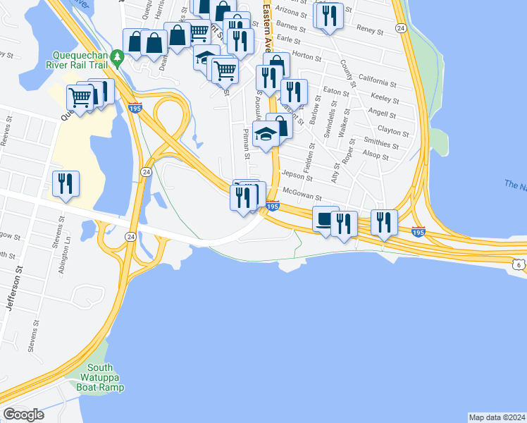 map of restaurants, bars, coffee shops, grocery stores, and more near 25-41 Father Devalles Boulevard in Fall River
