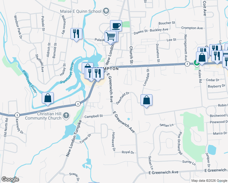 map of restaurants, bars, coffee shops, grocery stores, and more near 37 East Greenwich Avenue in West Warwick
