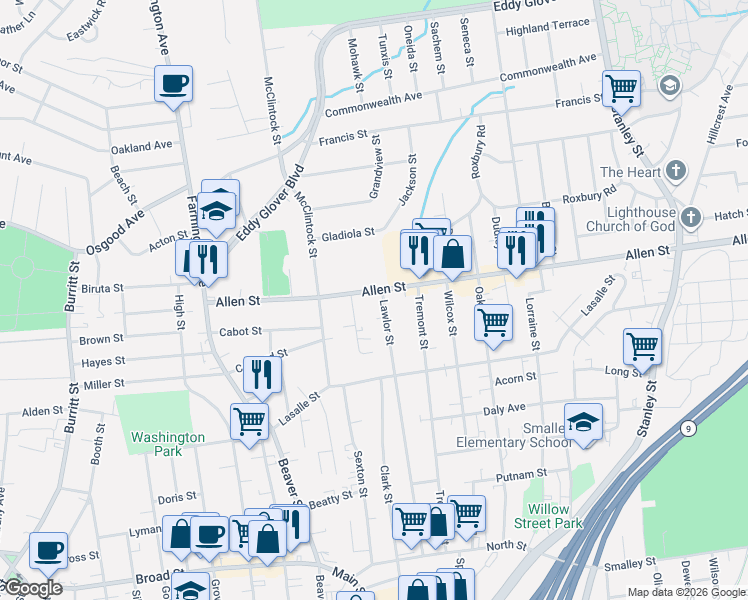 map of restaurants, bars, coffee shops, grocery stores, and more near 287 Lawlor Street in New Britain