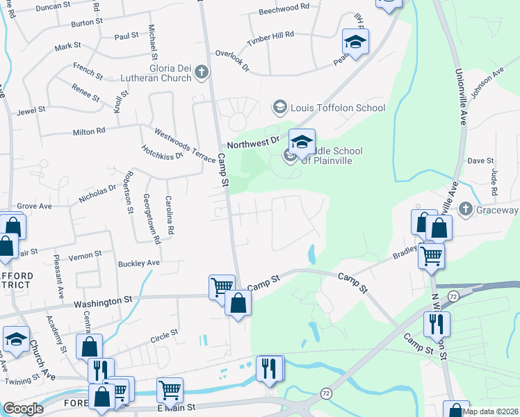 map of restaurants, bars, coffee shops, grocery stores, and more near 8 Bushel Road in Plainville