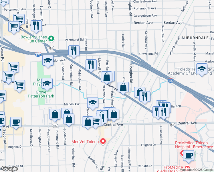 map of restaurants, bars, coffee shops, grocery stores, and more near 4221 Monroe Street in Toledo