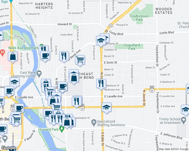 map of restaurants, bars, coffee shops, grocery stores, and more near 1007 Cedar Street in South Bend