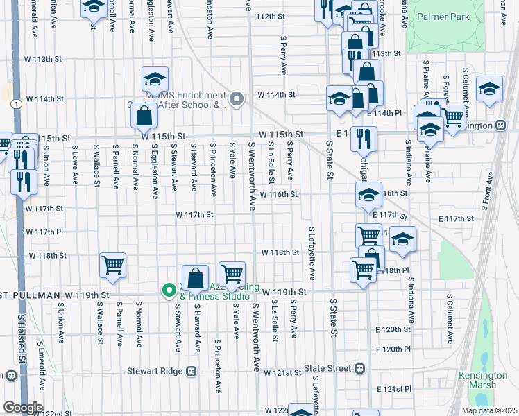 map of restaurants, bars, coffee shops, grocery stores, and more near 144 West 117th Street in Chicago
