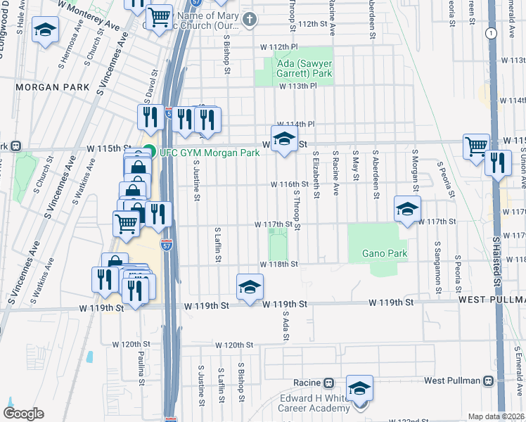 map of restaurants, bars, coffee shops, grocery stores, and more near 11634 South Loomis Street in Chicago