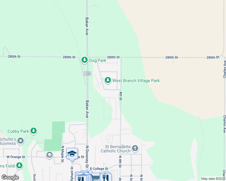 map of restaurants, bars, coffee shops, grocery stores, and more near 123 Hoover Boulevard in West Branch