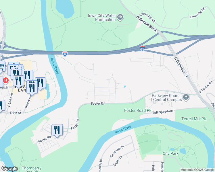 map of restaurants, bars, coffee shops, grocery stores, and more near 738 Mission Point Road in Iowa City