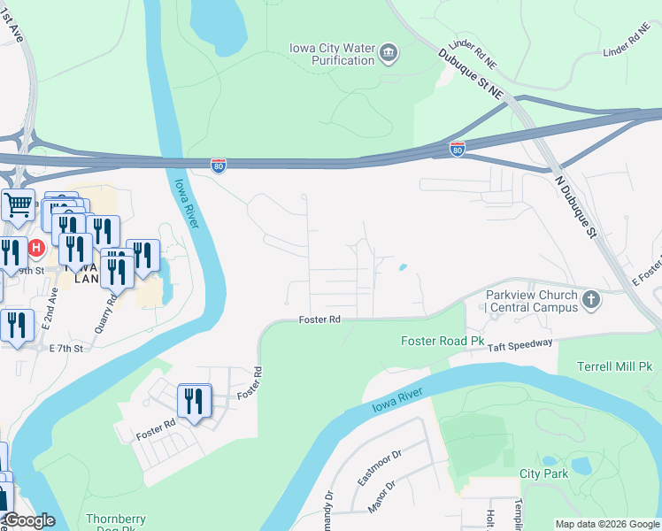 map of restaurants, bars, coffee shops, grocery stores, and more near 738 Mission Point Road in Iowa City