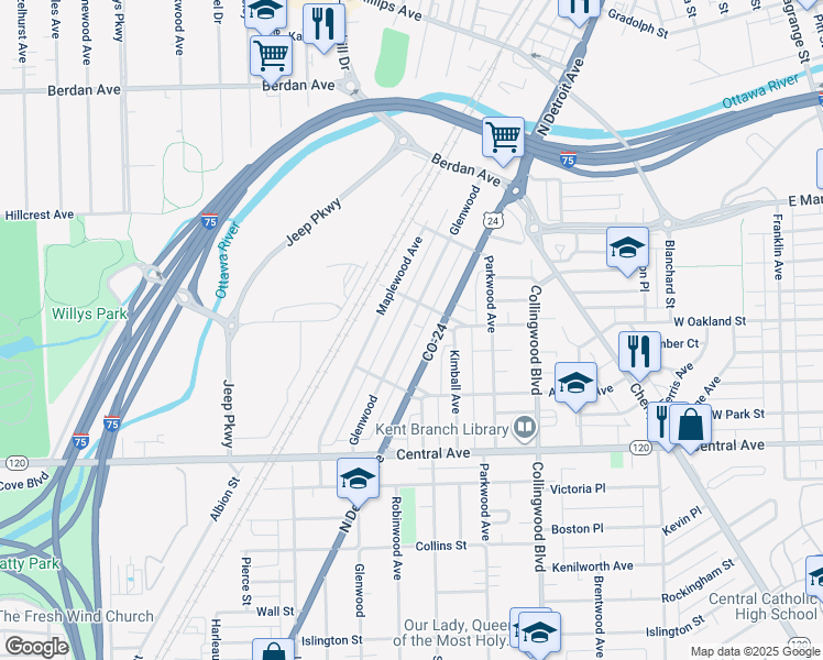 map of restaurants, bars, coffee shops, grocery stores, and more near 3260 Glenwood in Toledo