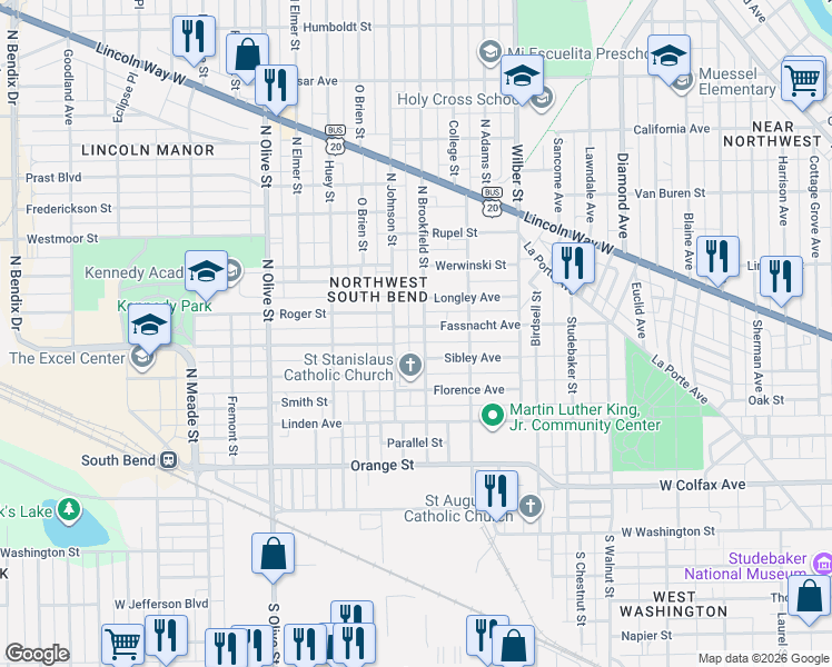 map of restaurants, bars, coffee shops, grocery stores, and more near 1950-1998 Fassnacht Avenue in South Bend
