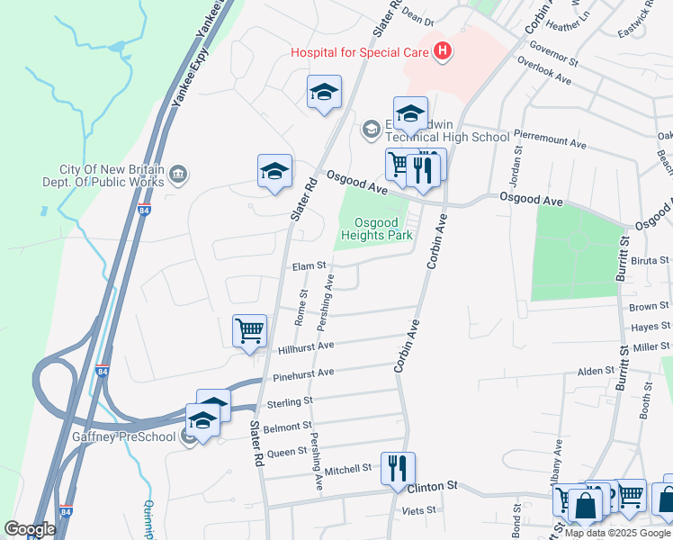 map of restaurants, bars, coffee shops, grocery stores, and more near 303 Pershing Avenue in New Britain