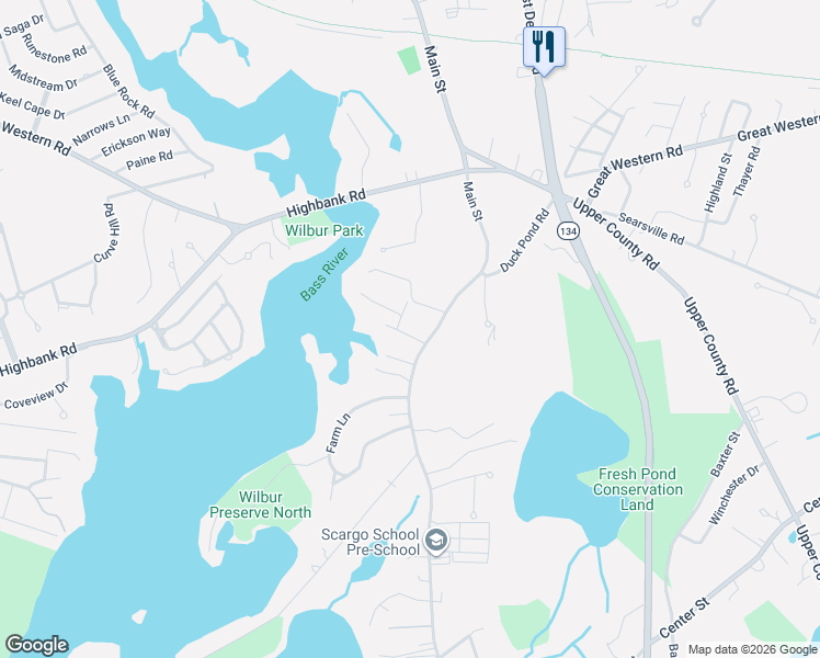 map of restaurants, bars, coffee shops, grocery stores, and more near 325 Main Street in Dennis