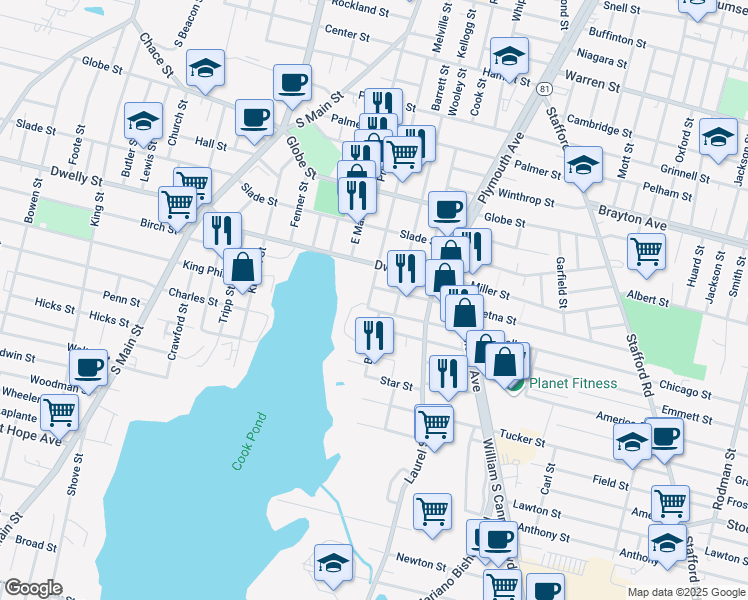 map of restaurants, bars, coffee shops, grocery stores, and more near 578 Montaup St in Fall River
