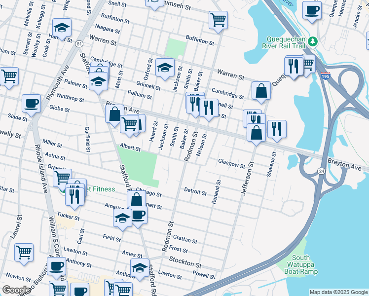 map of restaurants, bars, coffee shops, grocery stores, and more near 508 Baker St in Fall River