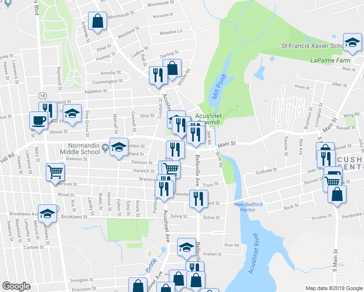 map of restaurants, bars, coffee shops, grocery stores, and more near 89 Tarkiln Hill Road in New Bedford