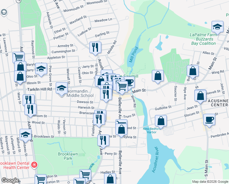 map of restaurants, bars, coffee shops, grocery stores, and more near 65 Tarkiln Hill Rd in New Bedford