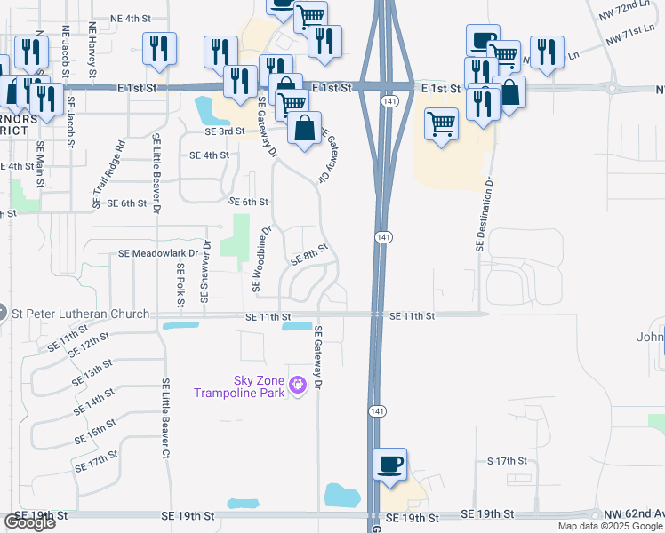 map of restaurants, bars, coffee shops, grocery stores, and more near 801 Southeast 10th Lane in Grimes