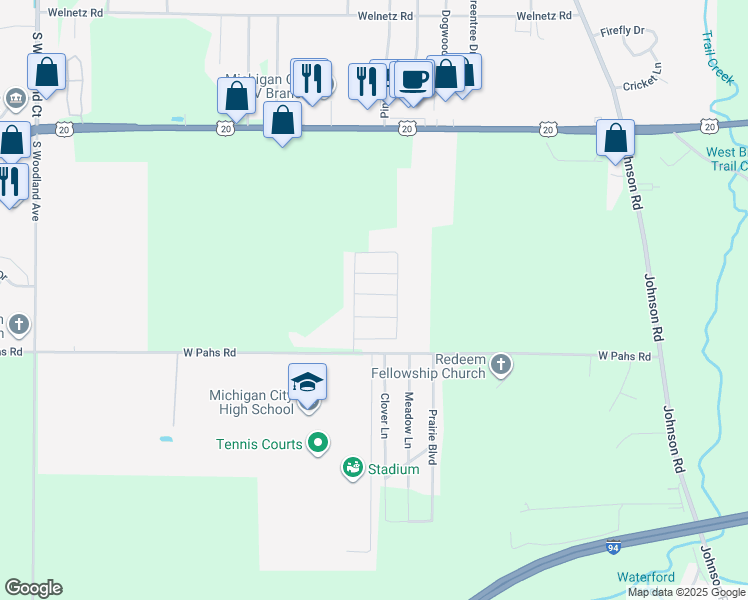 map of restaurants, bars, coffee shops, grocery stores, and more near 1204 Mallard Drive in Michigan City