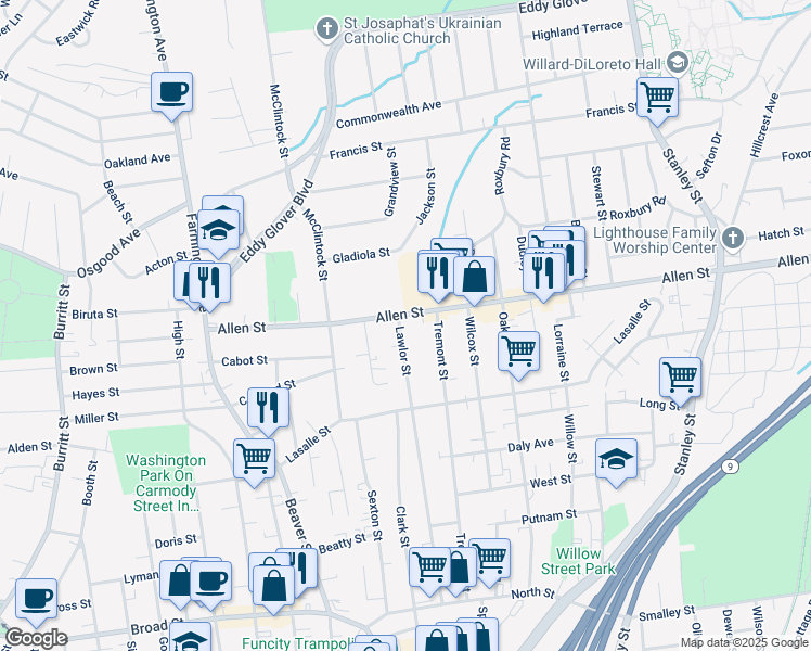 map of restaurants, bars, coffee shops, grocery stores, and more near 287 Lawlor Street in New Britain