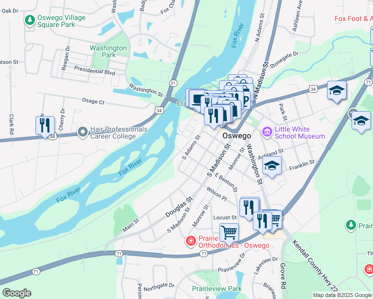 map of restaurants, bars, coffee shops, grocery stores, and more near 217 South Adams Street in Oswego