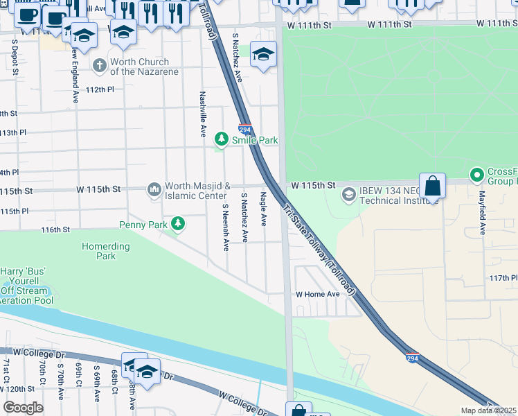 map of restaurants, bars, coffee shops, grocery stores, and more near 11524 Nagle Avenue in Worth