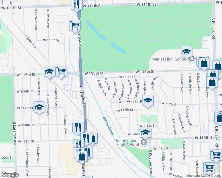map of restaurants, bars, coffee shops, grocery stores, and more near 11559 South Lee Road in Alsip