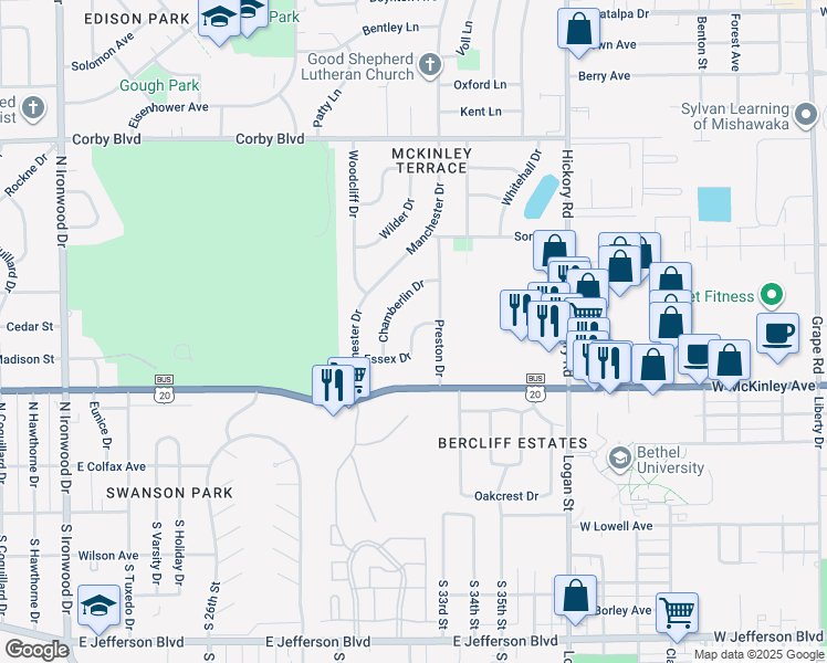 map of restaurants, bars, coffee shops, grocery stores, and more near 3215 Essex Drive in South Bend