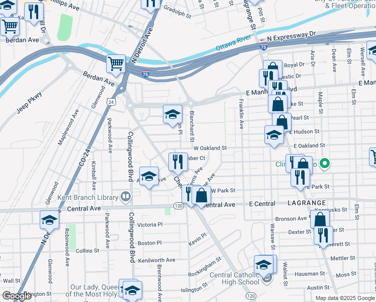 map of restaurants, bars, coffee shops, grocery stores, and more near 305 West Oakland Street in Toledo