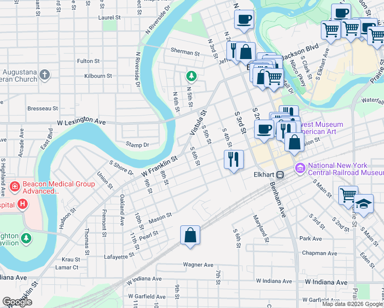 map of restaurants, bars, coffee shops, grocery stores, and more near 601 West Franklin Street in Elkhart