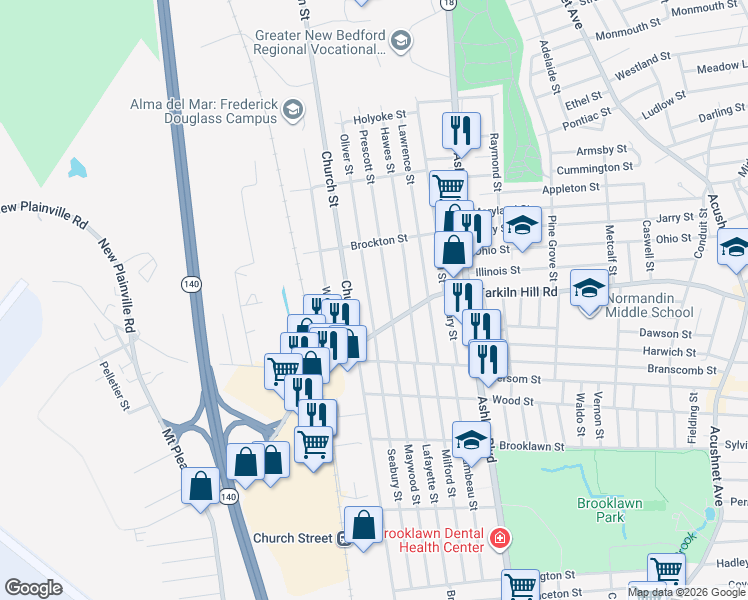map of restaurants, bars, coffee shops, grocery stores, and more near 336 Oliver Street in New Bedford