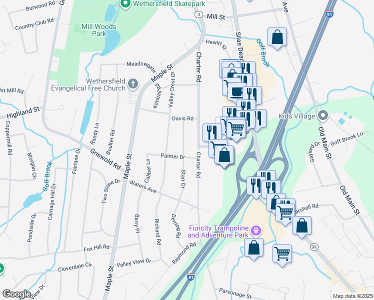map of restaurants, bars, coffee shops, grocery stores, and more near 120 Waters View Drive in Wethersfield