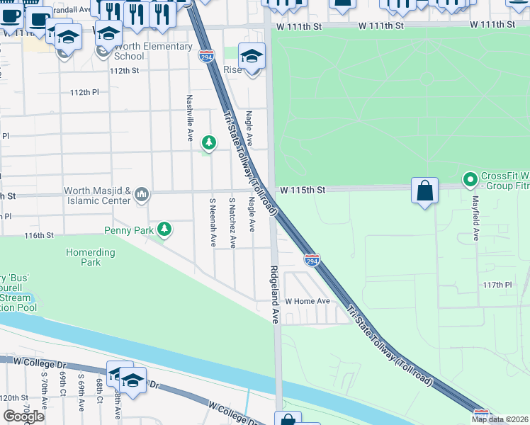 map of restaurants, bars, coffee shops, grocery stores, and more near 11530 Ridgeland Avenue in Worth