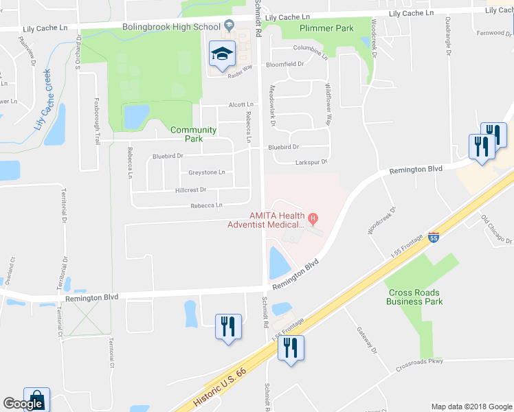 map of restaurants, bars, coffee shops, grocery stores, and more near 568 Rebecca Lane in Bolingbrook