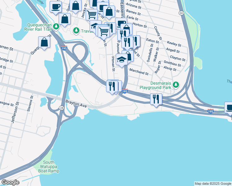 map of restaurants, bars, coffee shops, grocery stores, and more near 25 Father Devalles Boulevard in Fall River