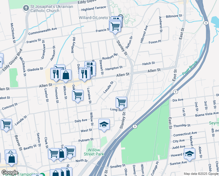 map of restaurants, bars, coffee shops, grocery stores, and more near 409 Lasalle Street in New Britain