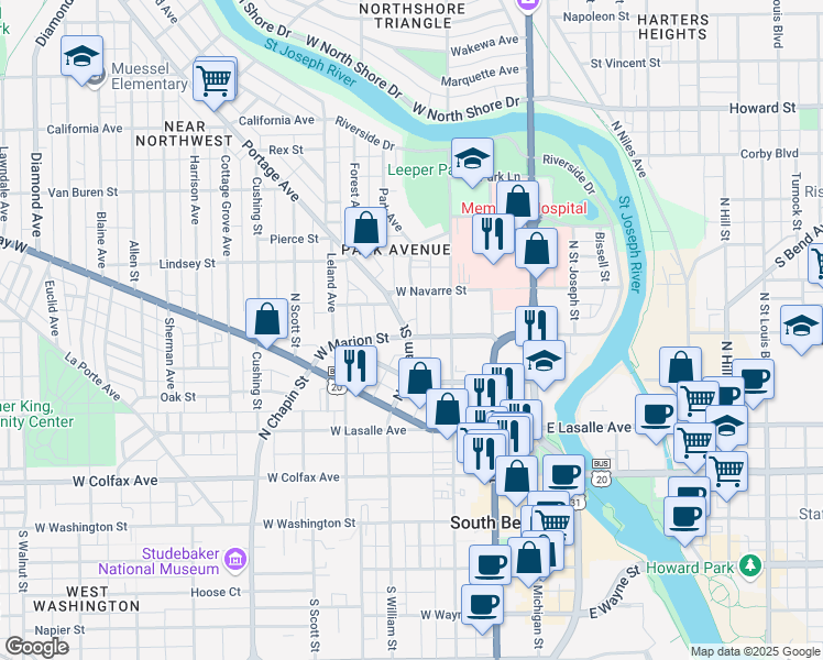 map of restaurants, bars, coffee shops, grocery stores, and more near 445 West Marion Street in South Bend