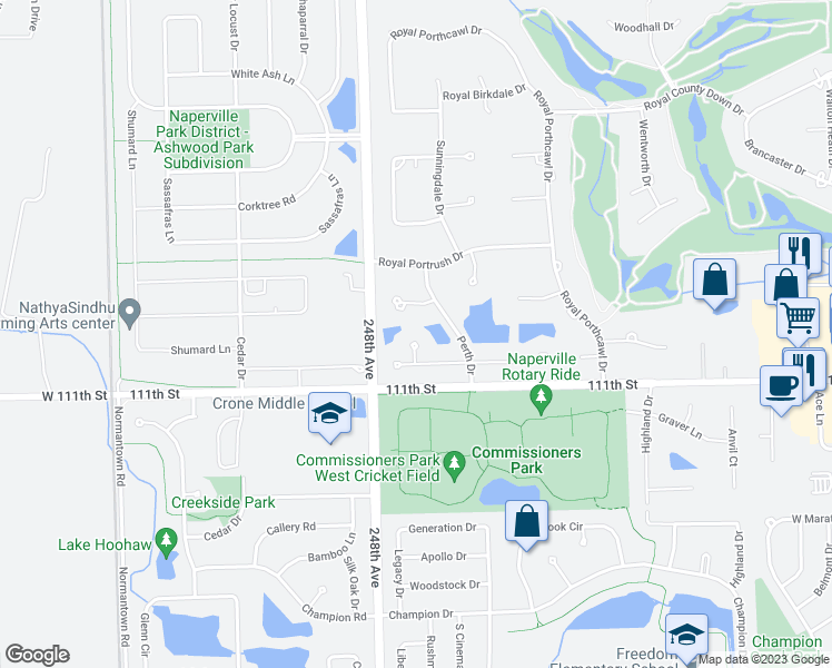 map of restaurants, bars, coffee shops, grocery stores, and more near 4804 Brabazon Court in Naperville