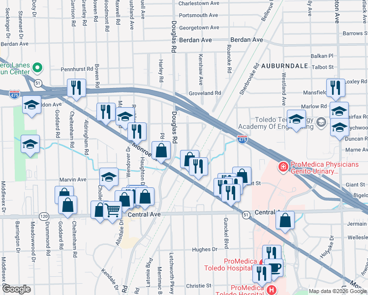 map of restaurants, bars, coffee shops, grocery stores, and more near 3329 Anderson Parkway in Toledo