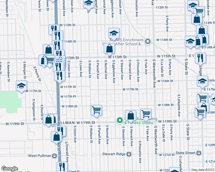 map of restaurants, bars, coffee shops, grocery stores, and more near 456 West 117th Street in Chicago