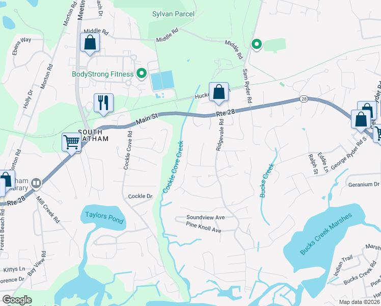map of restaurants, bars, coffee shops, grocery stores, and more near 44 Shannon Lane in Chatham