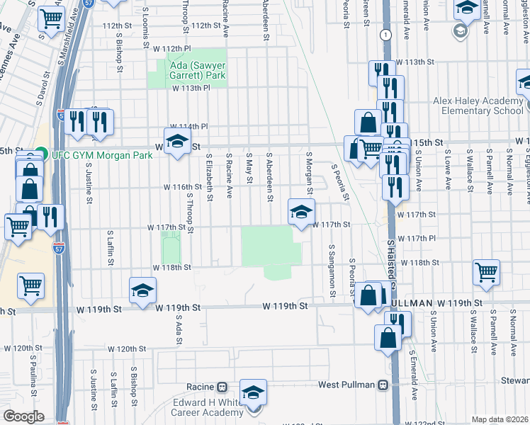 map of restaurants, bars, coffee shops, grocery stores, and more near 11640 South Aberdeen Street in Chicago