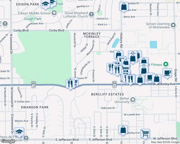 map of restaurants, bars, coffee shops, grocery stores, and more near 3236 Essex Drive in South Bend