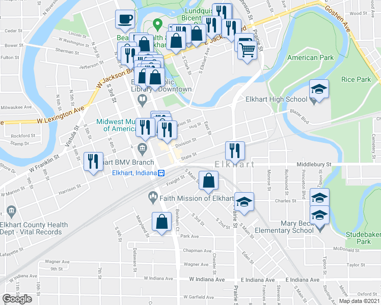 map of restaurants, bars, coffee shops, grocery stores, and more near 132 State Street in Elkhart