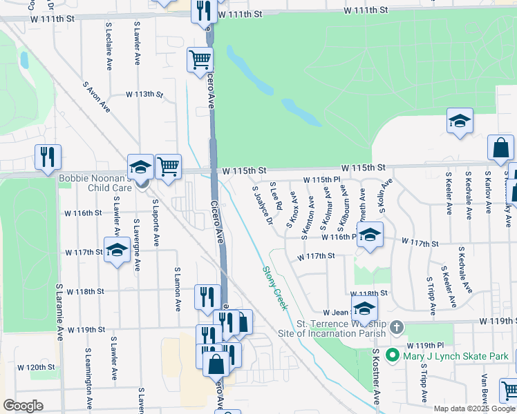 map of restaurants, bars, coffee shops, grocery stores, and more near 11556 South Joalyce Drive in Alsip