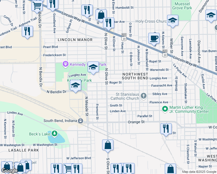 map of restaurants, bars, coffee shops, grocery stores, and more near in South Bend